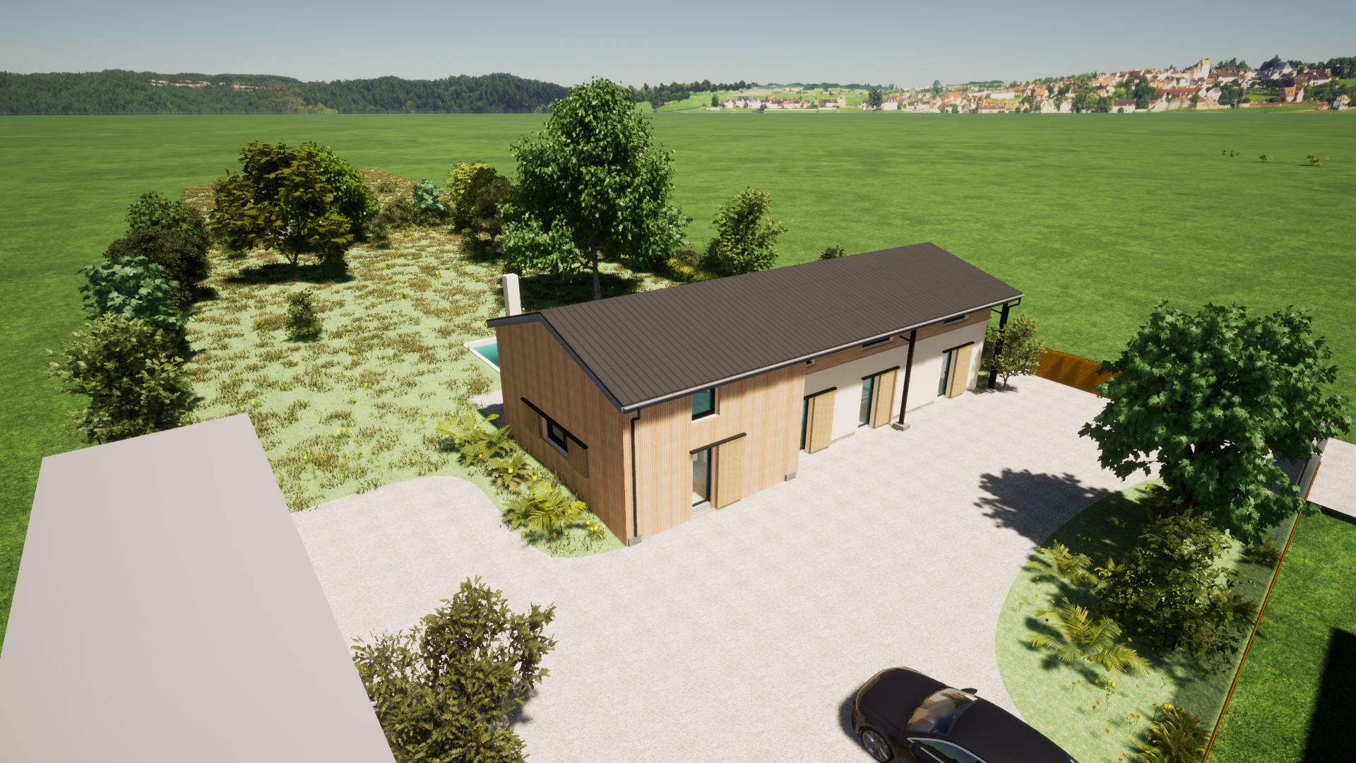 Vue 3D et aérienne d'une maison d'architecte