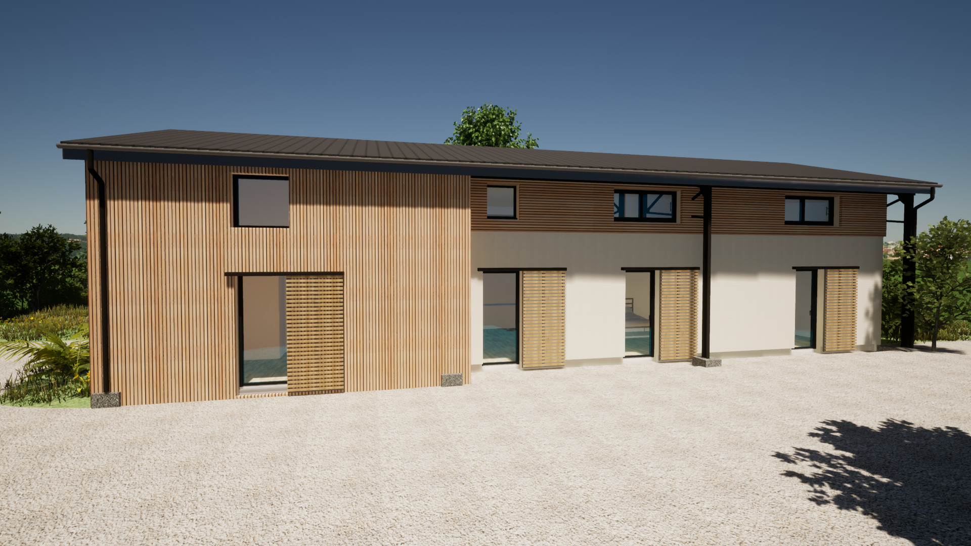 Vue 3D de l'axtérieur d'une maison très moderne