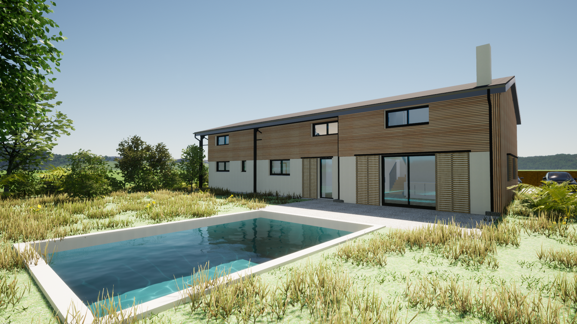 Vue 3D d'une piscine creusée à l'arrière d'une maison