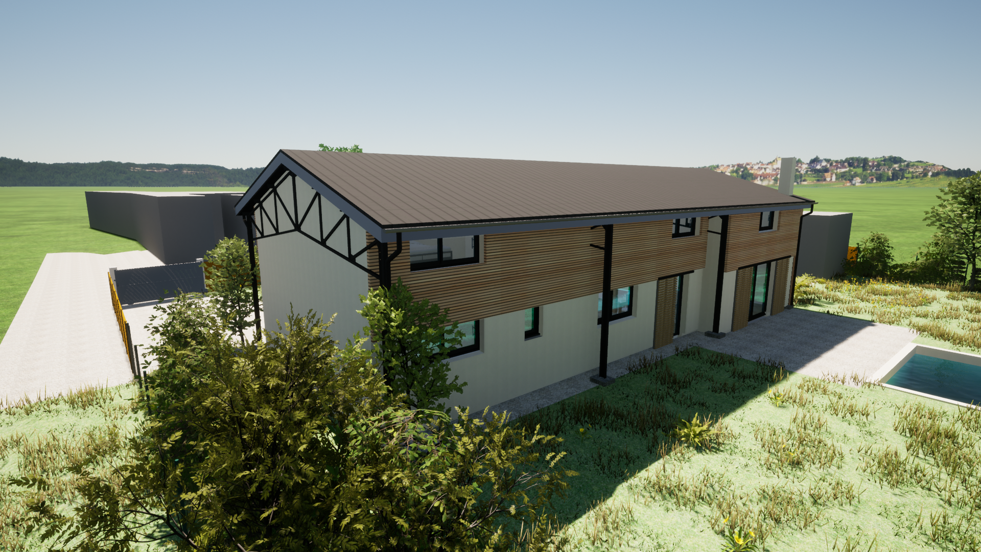 Vue 3D d'une maison avec piscine creusée