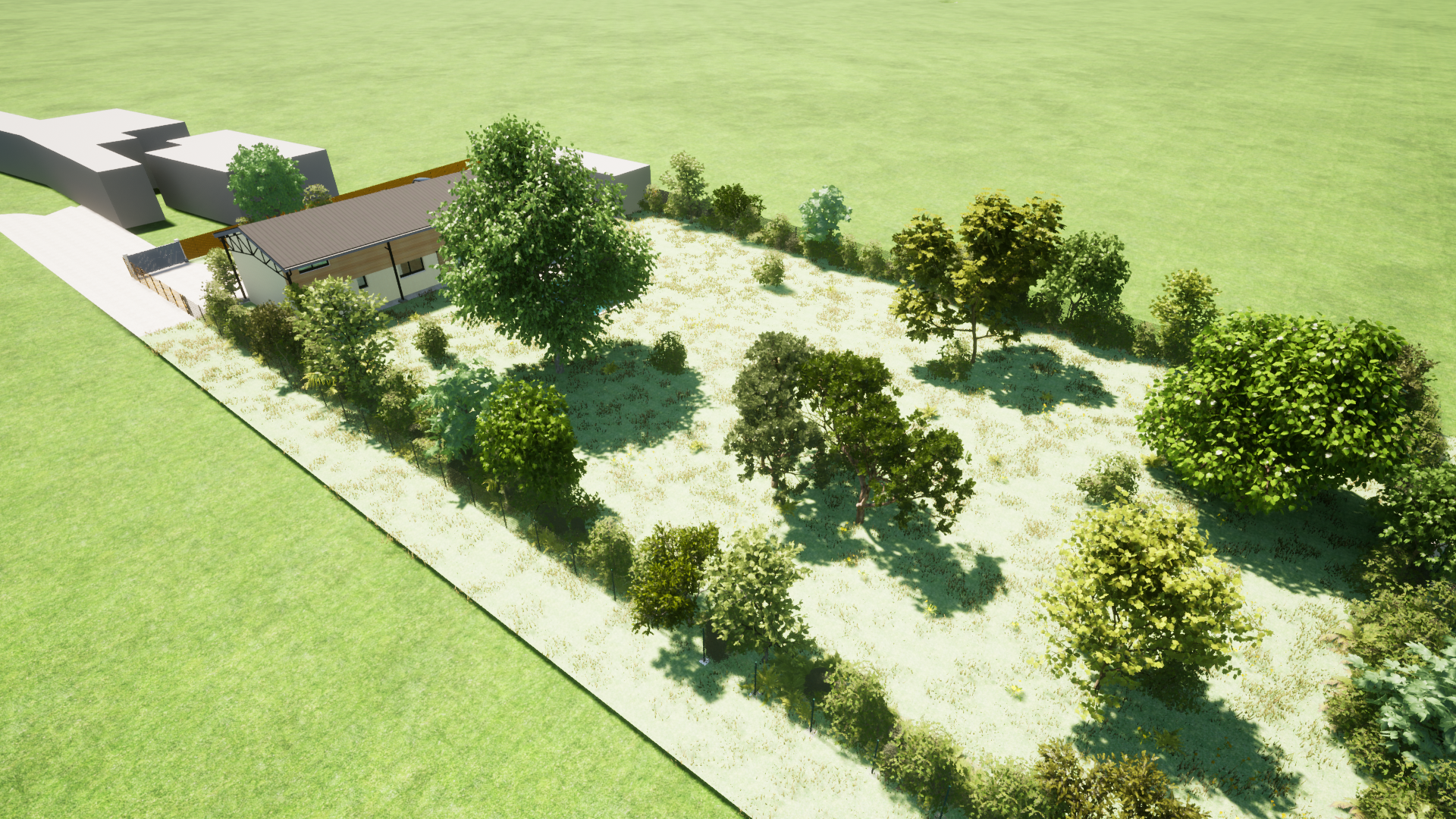 Vue 3D de l'ensemble d'une parcelle avec une maison
