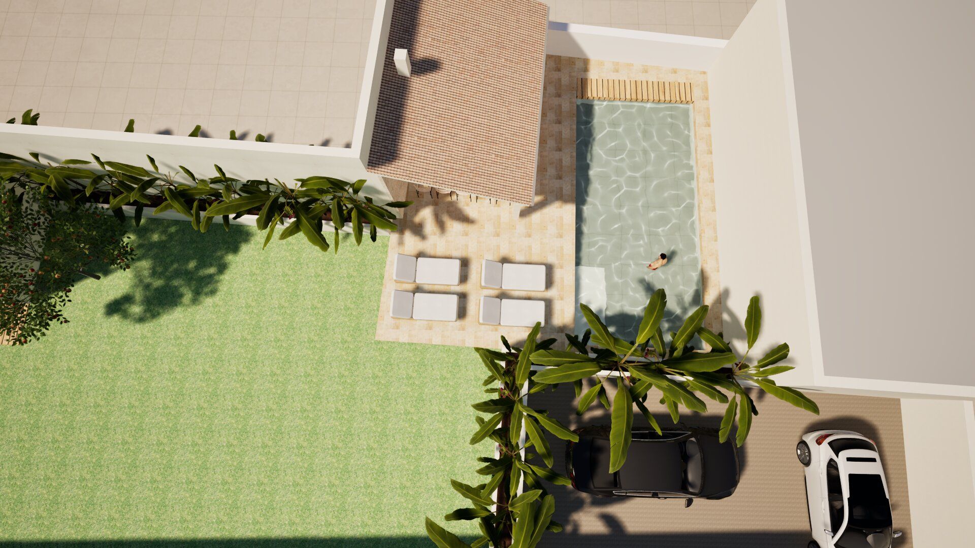 Vue 3D aérienne d'un terrain avec une piscine creusée