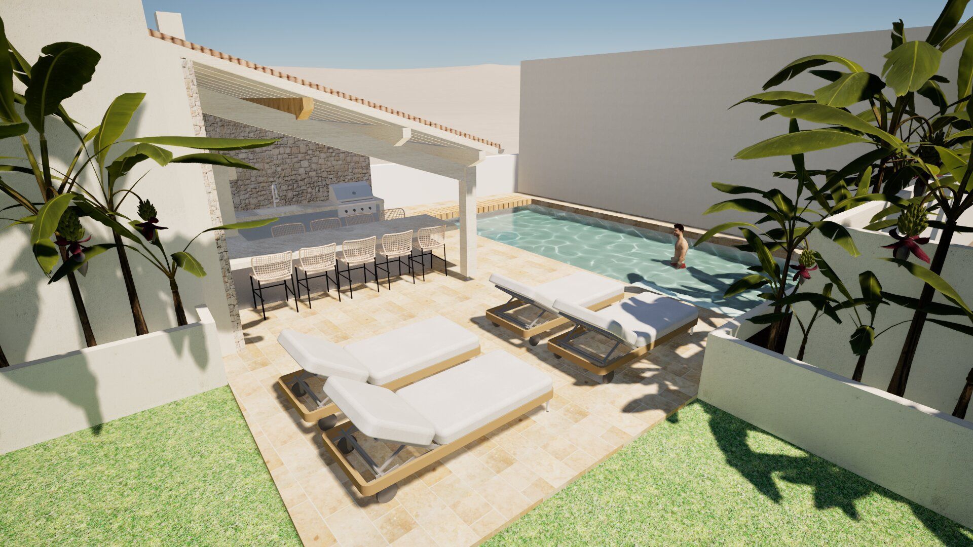 Vue 3D d'une cuisine extérieure à côté d'une piscine creusée