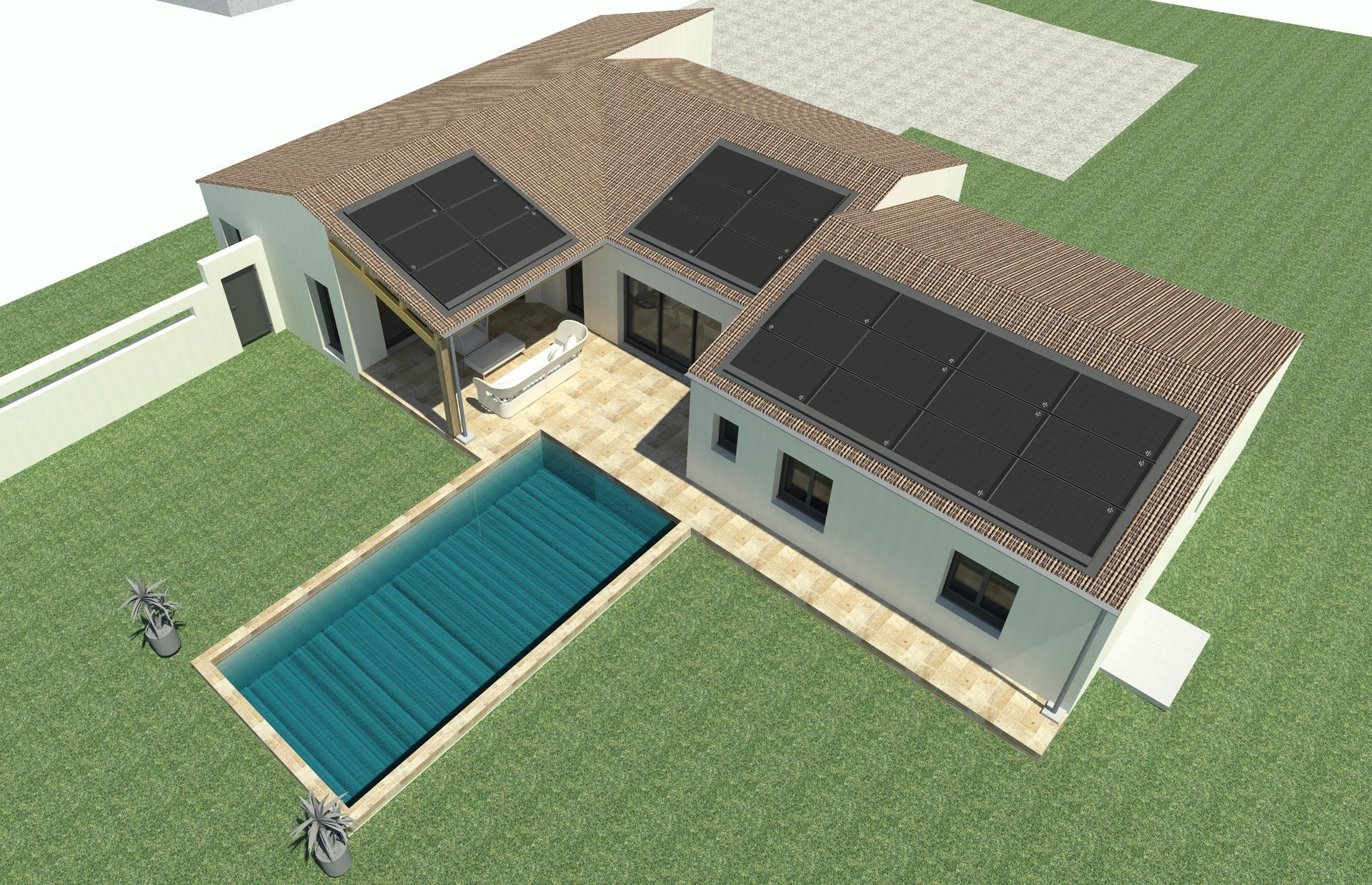 Vue 3D aérienne d'une maison avec une grande piscine creusée