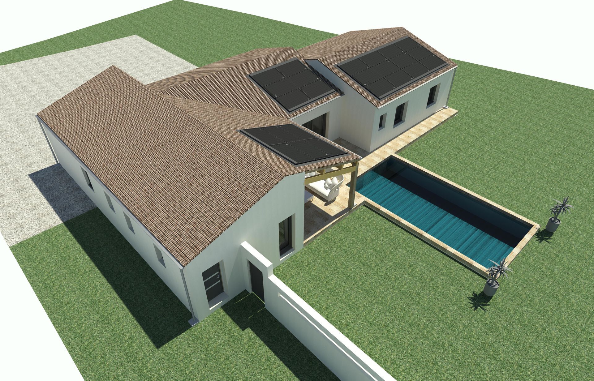 Vue 3D aérienne d'une maison avec des panneaux photovoltaïques