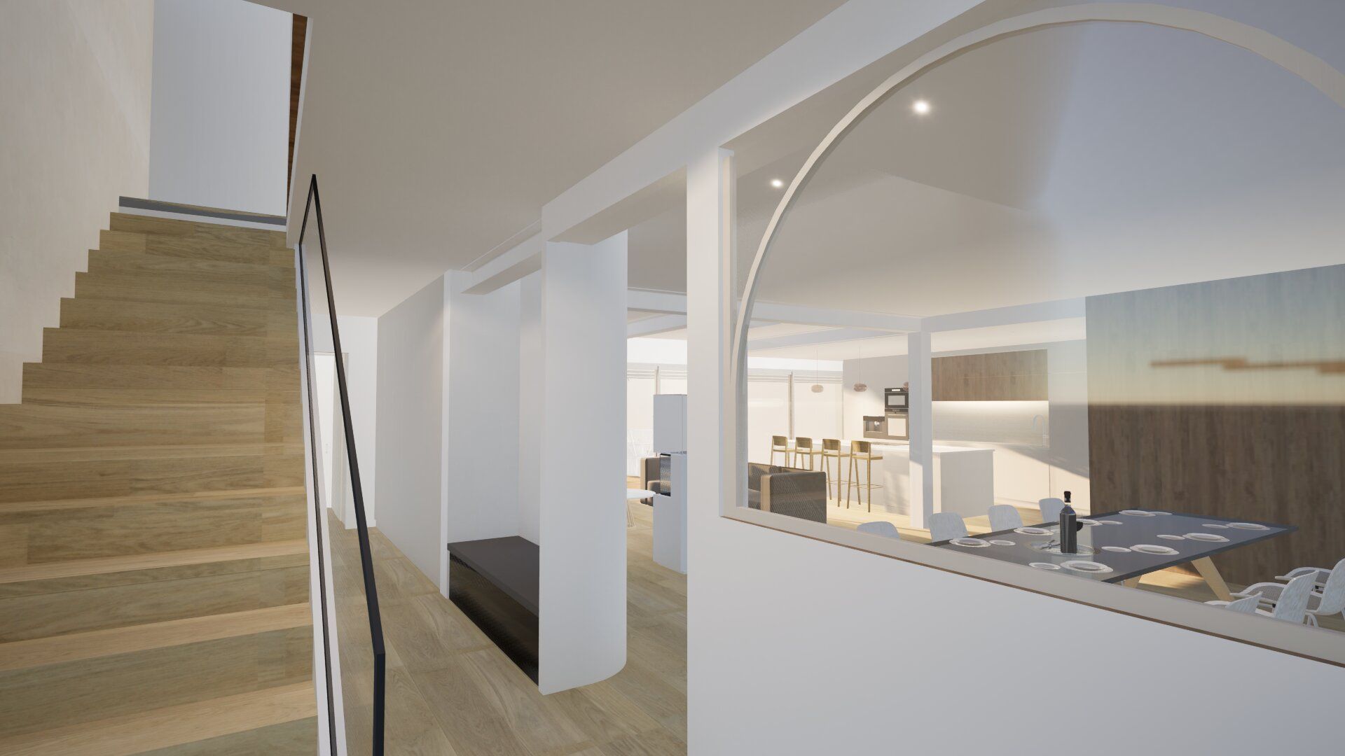 Vue 3D avec vue sur la salle à manger et la cuisine
