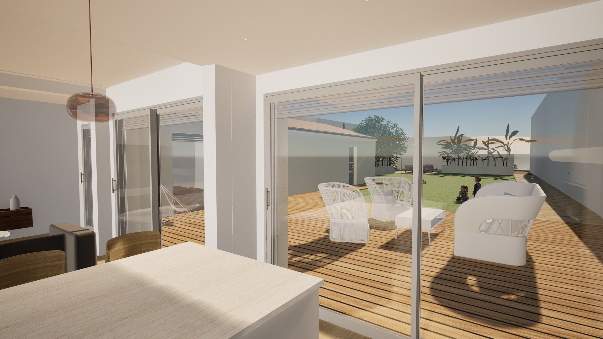 Vue 3D de deux baie vitrée donnant sur une terasse en bois