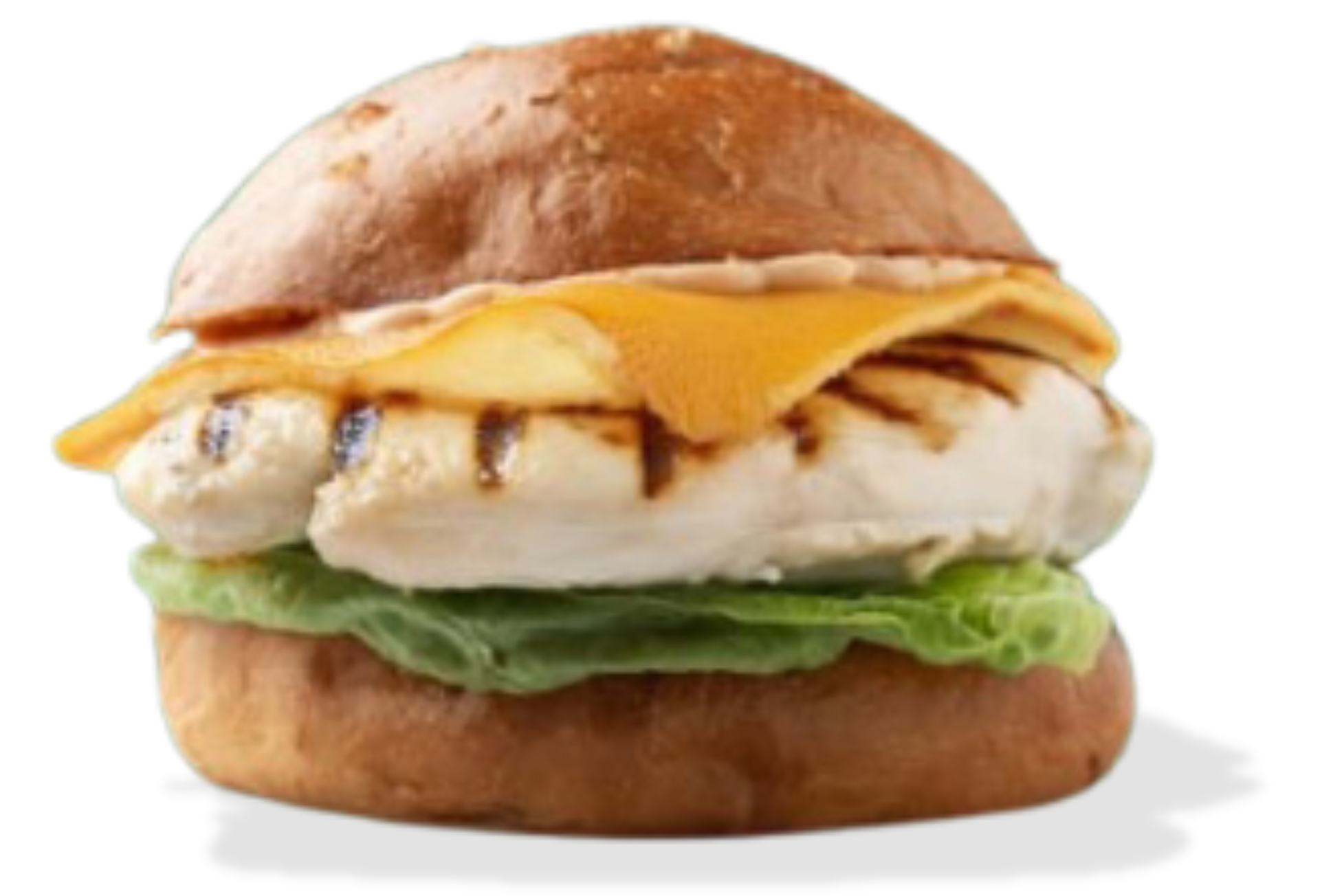 Sándwich de pollo a la parrilla con queso y lechuga en pan.