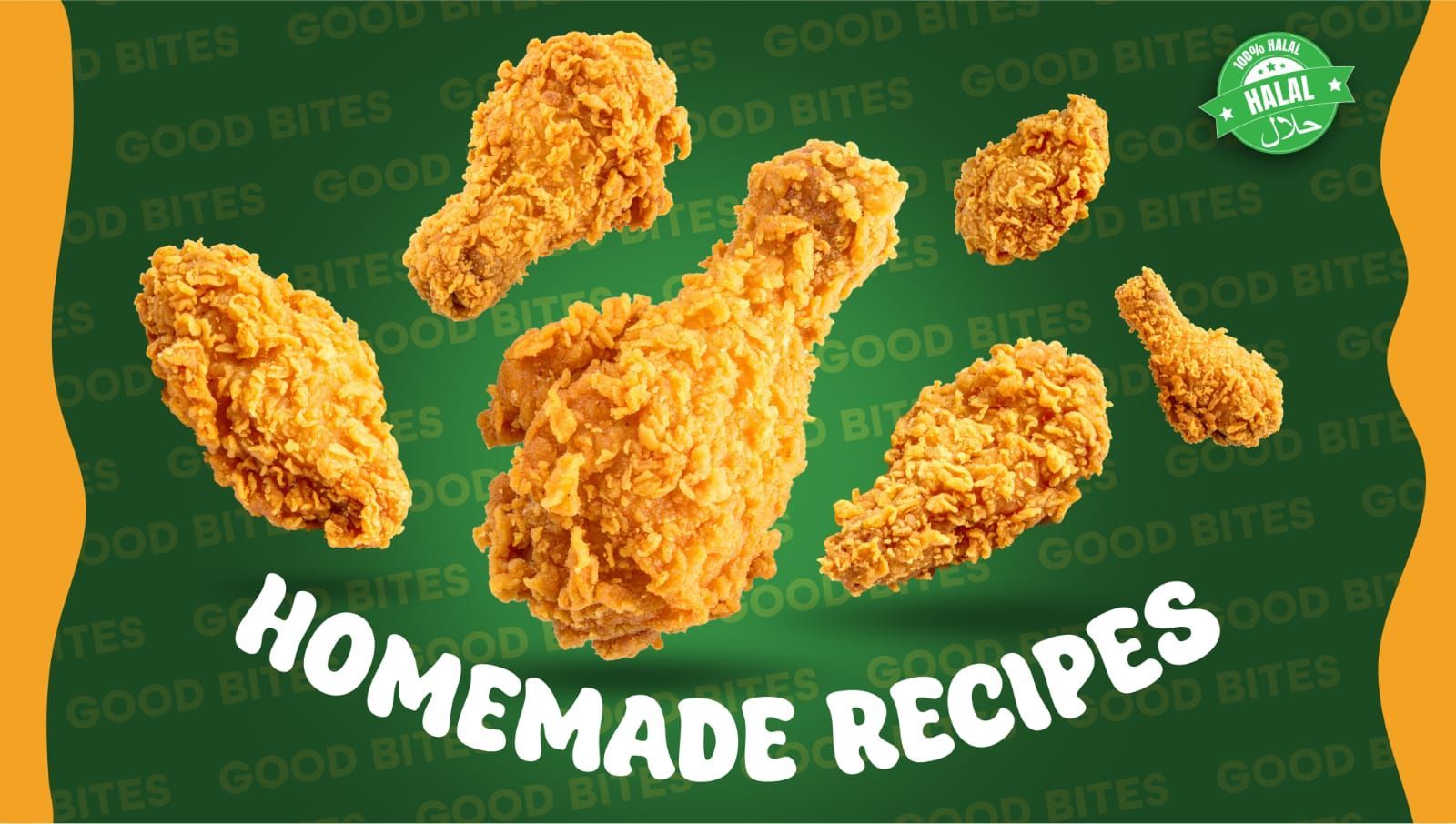 Trozos de pollo frito dorado con el texto 