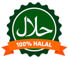 Logotipo de certificación de alimentos Halal: círculo verde con caligrafía árabe, pancarta naranja que dice 