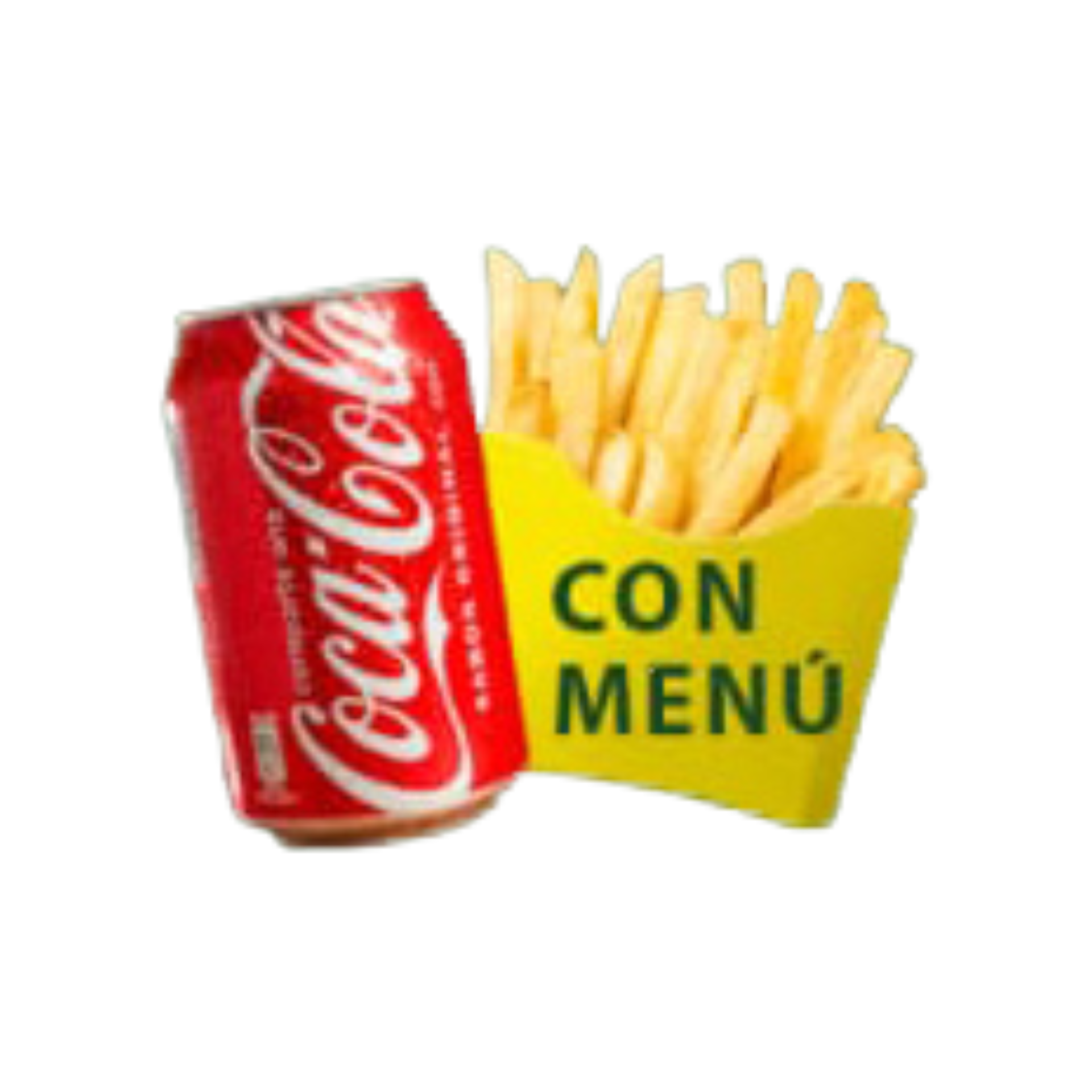 Lata de Coca-Cola junto a una caja de patatas fritas con la palabra 