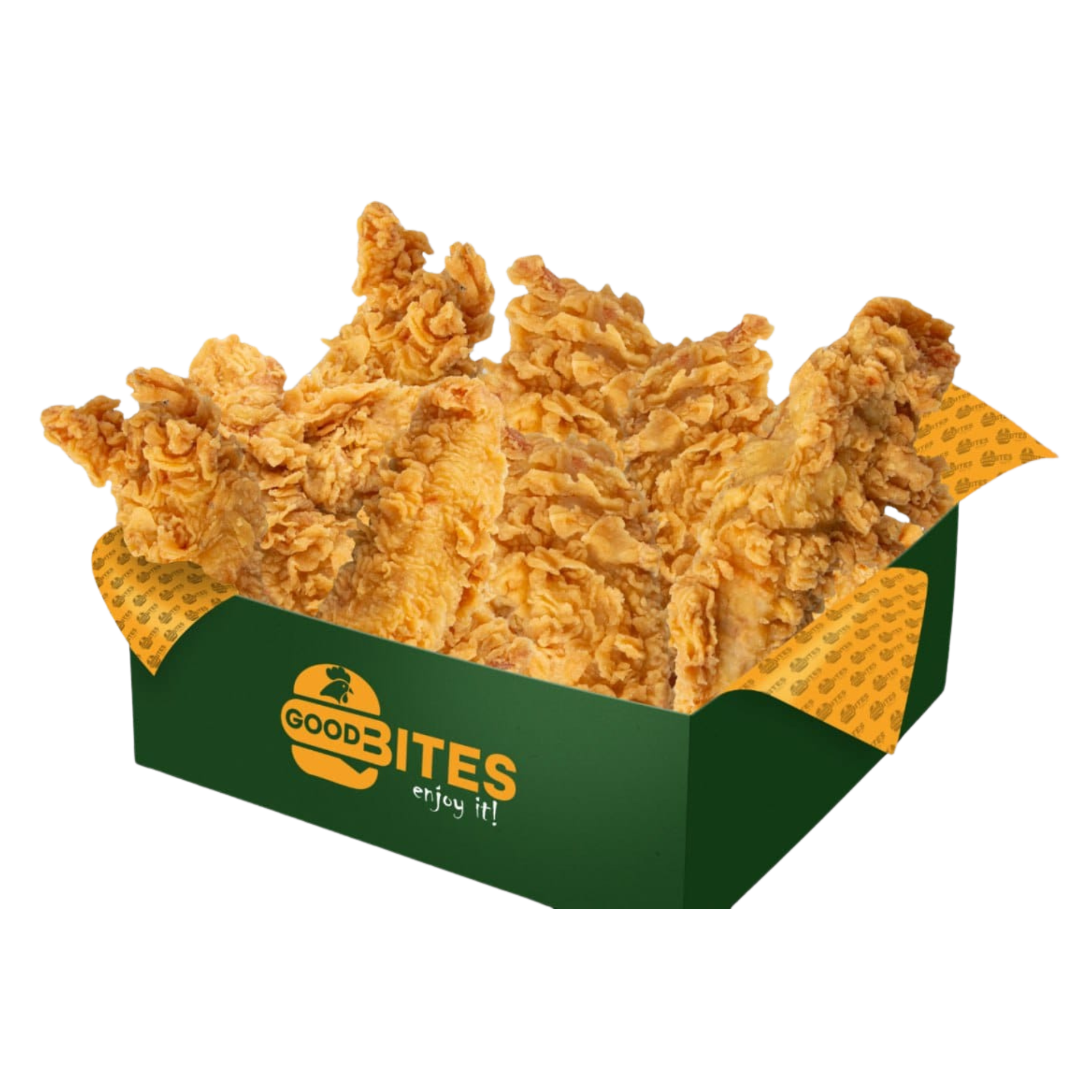 Pollo frito y papas fritas en una caja verde con una botella de Coca-Cola.