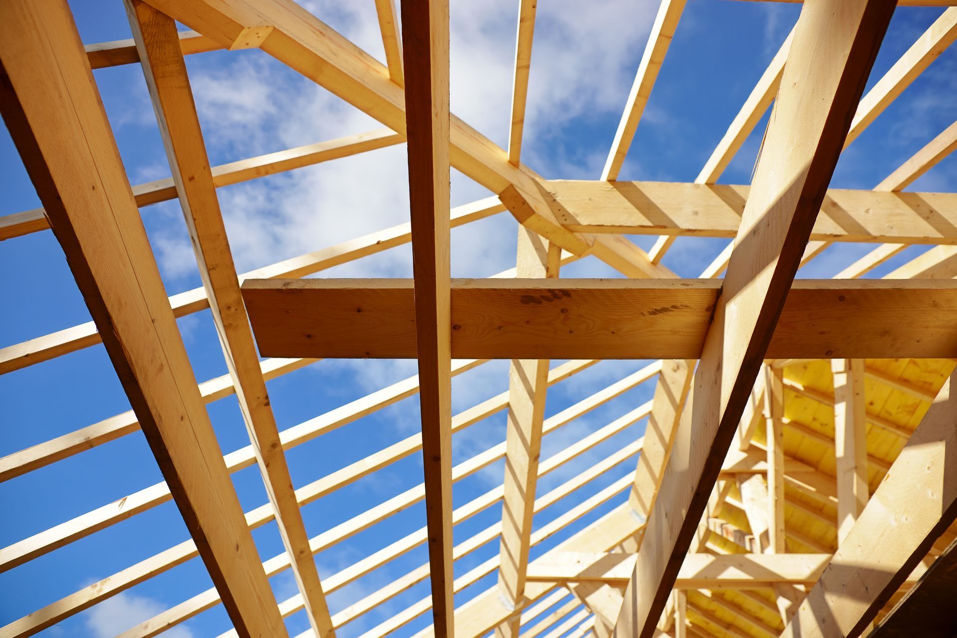 Charpente de toit en bois se détachant sur un ciel bleu éclatant, en construction