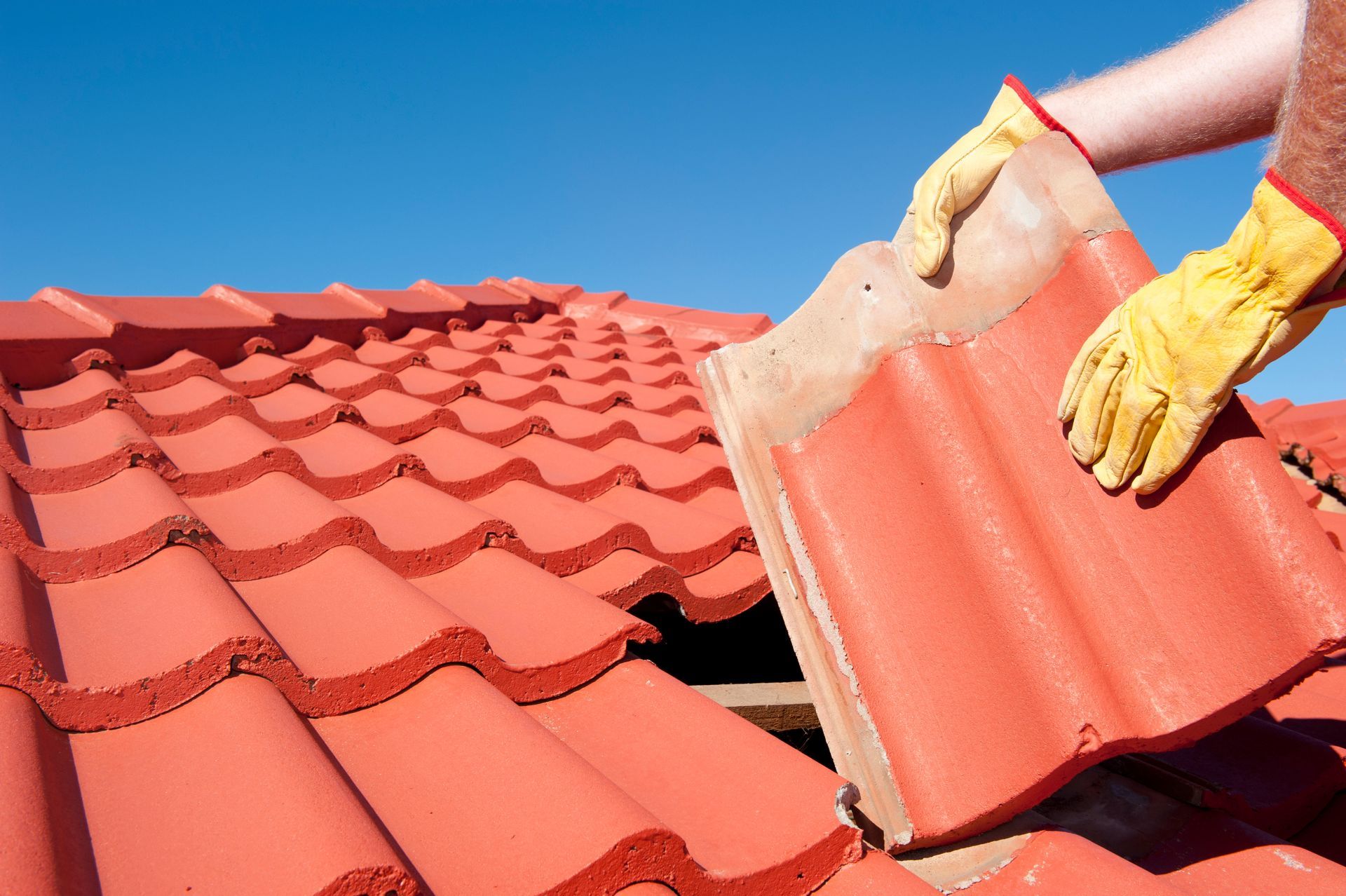 Pose d’une tuile en terre cuite sur une toiture en rénovation.