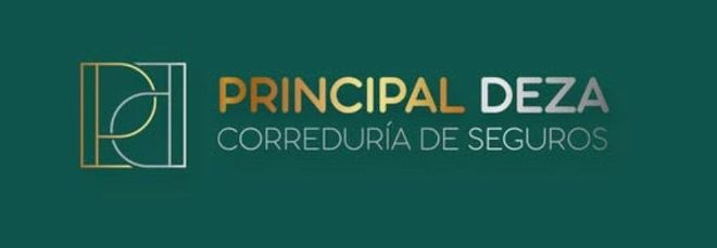 Logotipo de Principal Deza, corredor de seguros, en oro y plata, sobre fondo verde oscuro.