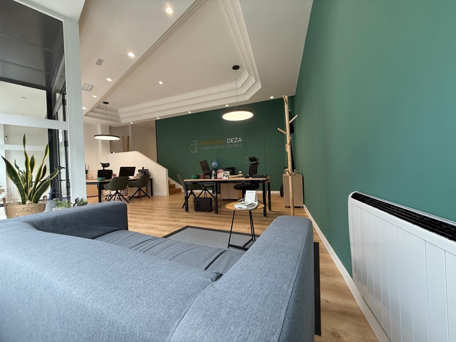 Interior de oficina moderno con sofá gris, pared con acento verde azulado, escritorios y plantas.