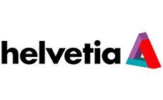 Logotipo de Helvetia: marca denominativa negra y triángulo colorido abstracto.