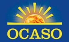 Logotipo de OCASO, icono de sol con rayos amarillos, línea amarilla y fondo azul.