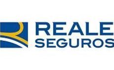 Logotipo de la aseguradora Reale Seguros. Cuadrado azul con forma curva dorada y texto azul sobre fondo blanco.