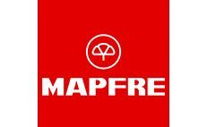 Logotipo de MAPFRE sobre fondo rojo: texto y emblema en blanco.
