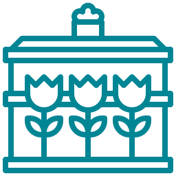 Un dibujo lineal de un edificio con flores.