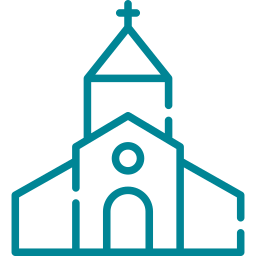 Un dibujo lineal de una iglesia con una cruz encima.