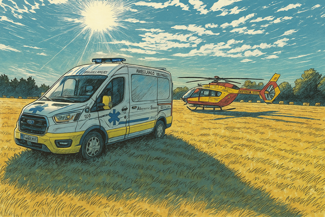Ambulance et hélicoptère stationnés sur un champ sous le soleil
