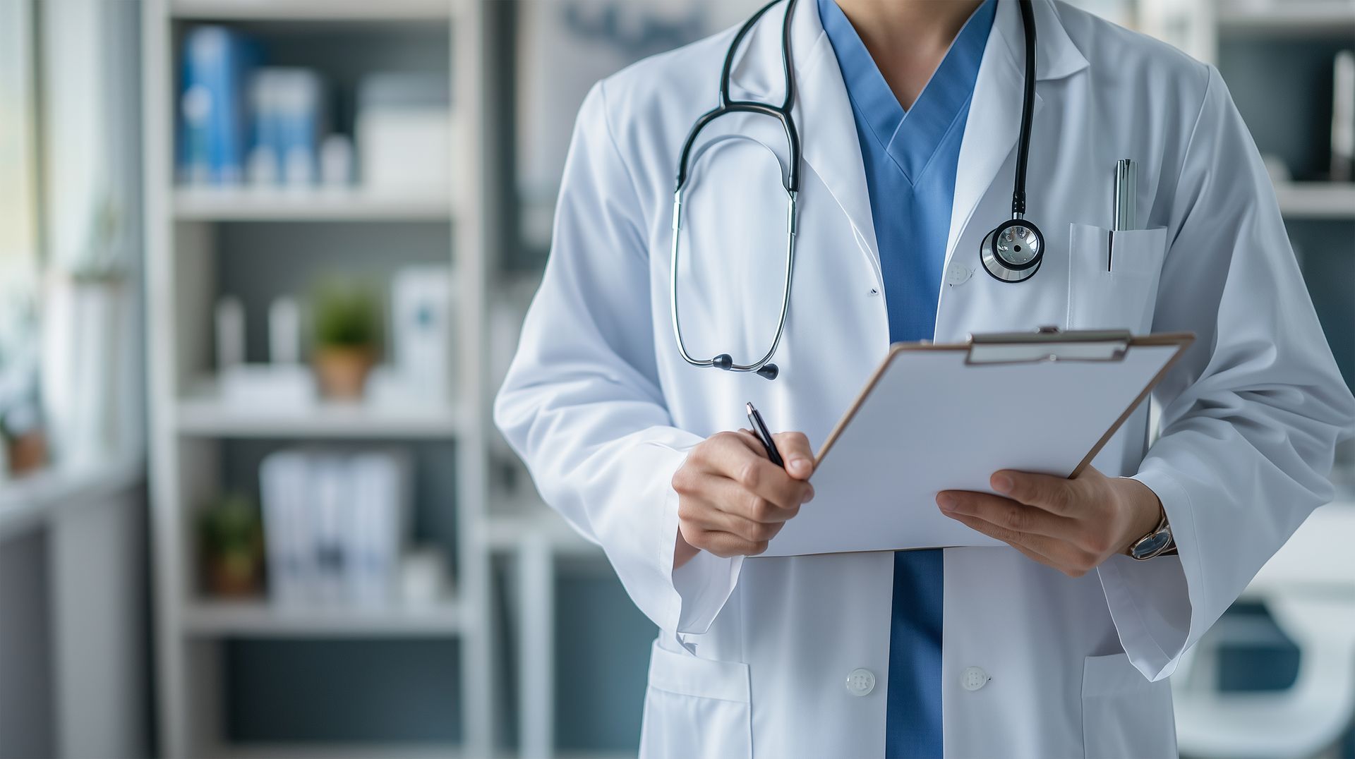 médecin en blouse blanche, document à la main