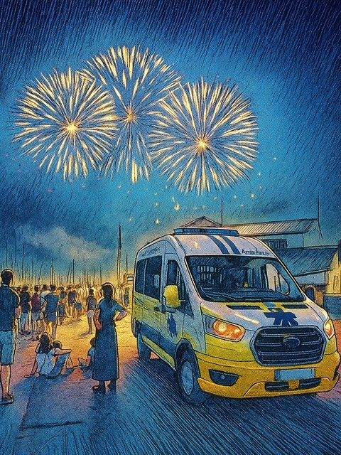 Ambulance dessinée avec feu d'articices dans le ciel