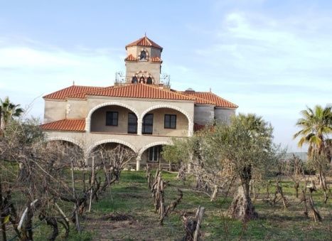 Un edificio de piedra con ventanas arqueadas y una torre, situado en un viñedo.