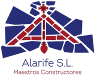 Logotipo para Alarife SL, empresa constructora, que presenta un tri&aacute;ngulo con forma de ladrillo rojo, una cruz y un fondo de mosaico azul.