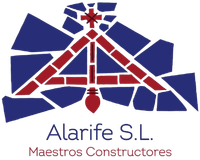 Logotipo para Alarife SL, empresa constructora, que presenta un tri&aacute;ngulo con forma de ladrillo rojo, una cruz y un fondo de mosaico azul.