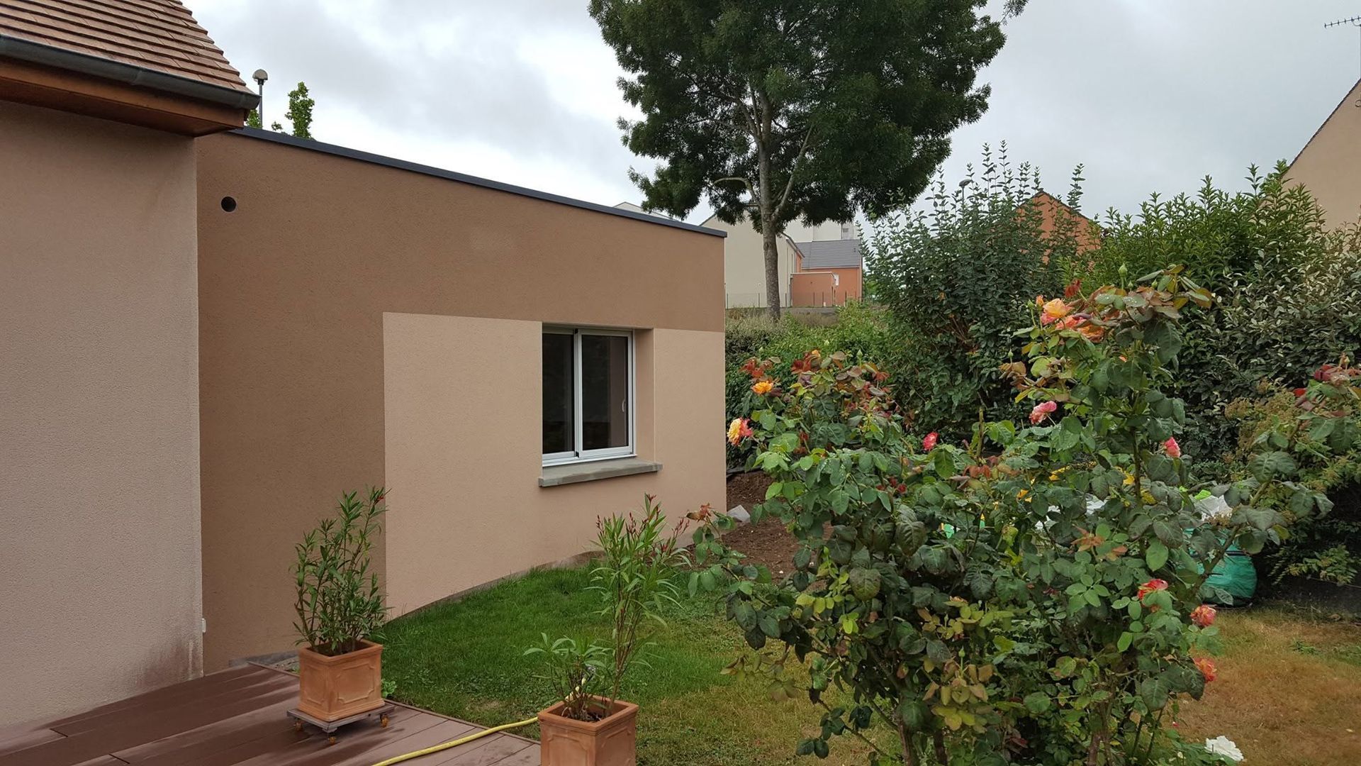 Petit jardin à l'arrière d'une maison beige, avec une plante en pot, une fenêtre et des arbustes fleuris.