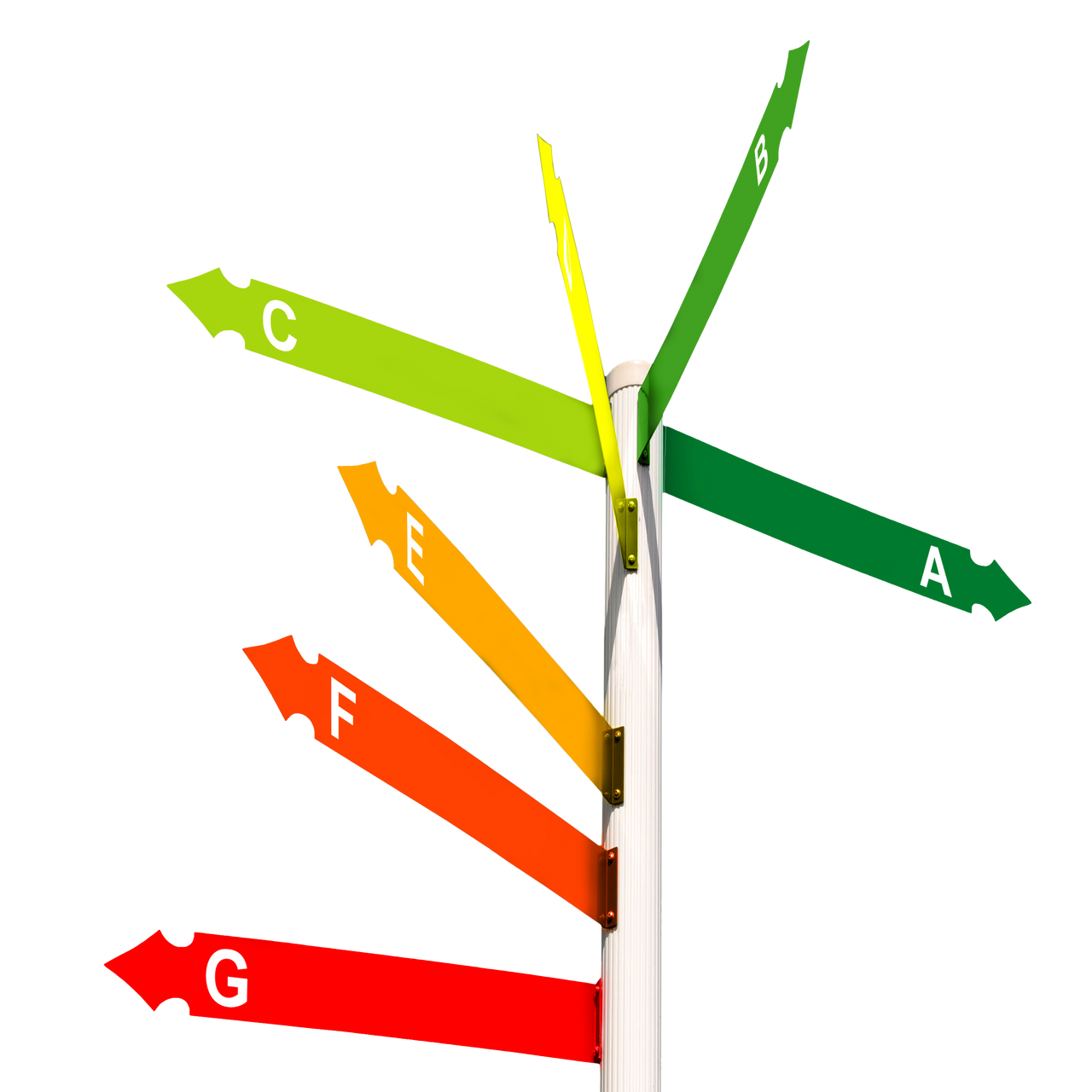Flèches directionnelles colorées, étiquetées A, C, E, F, G, pointant dans différentes directions.
