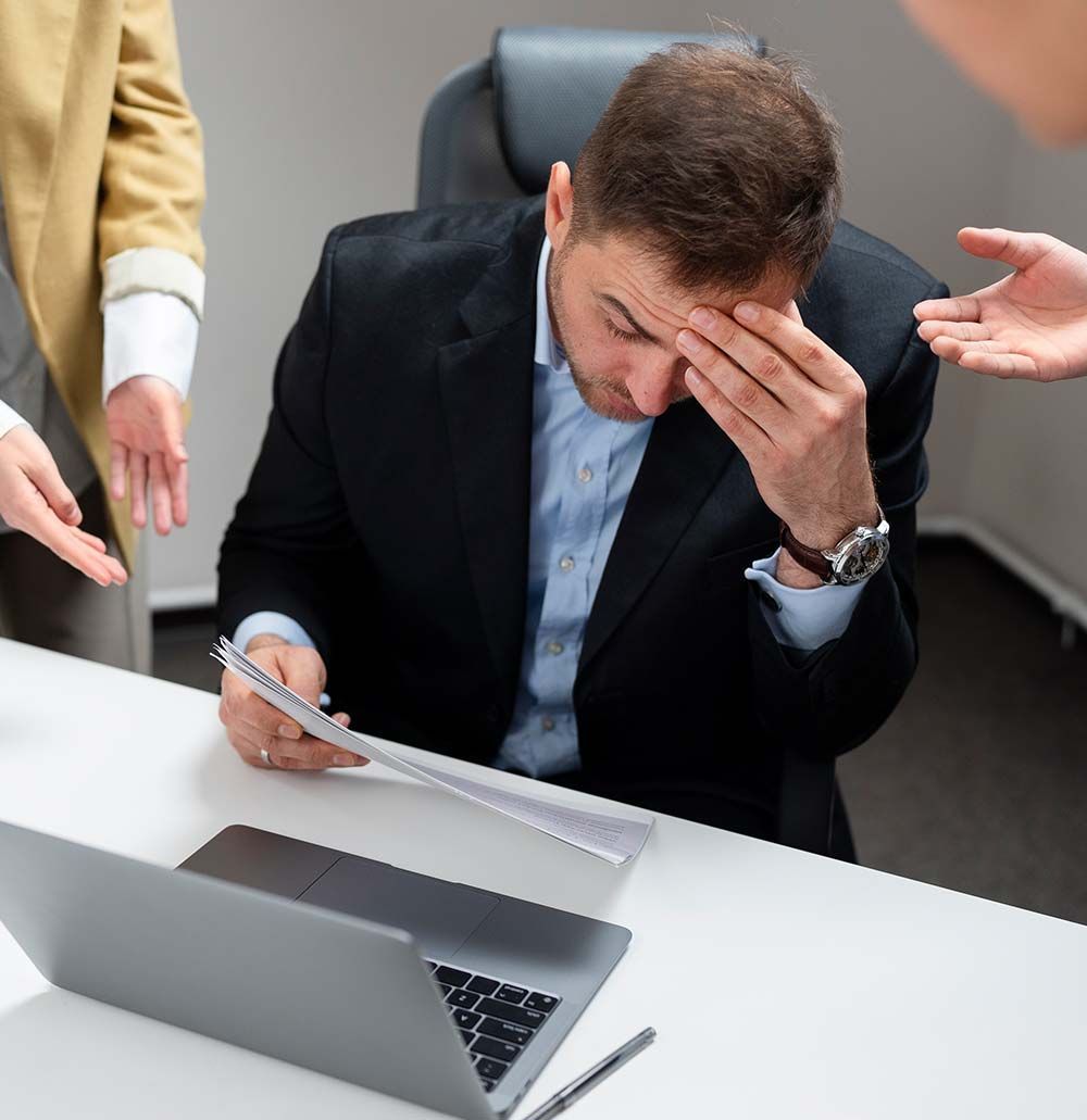 Hombre estresado en el escritorio, sosteniendo un papel, con las manos en la frente, rodeado de gente que gesticula.