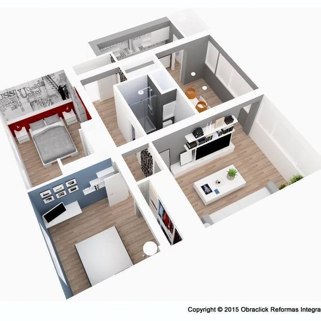 Un plano 3D de una casa muestra el dormitorio y la sala de estar.