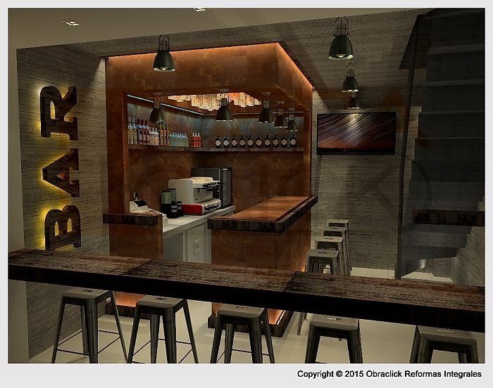 Una imagen generada por computadora de un bar con taburetes