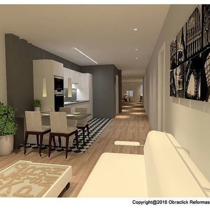 Impresión artística de una sala de estar con sofá y sillas.