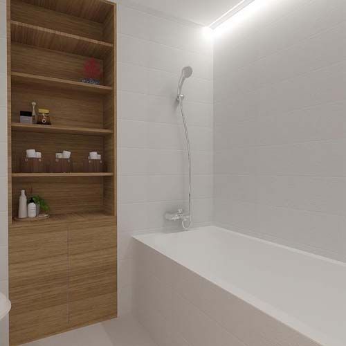 Un baño con bañera, ducha y estanterías.