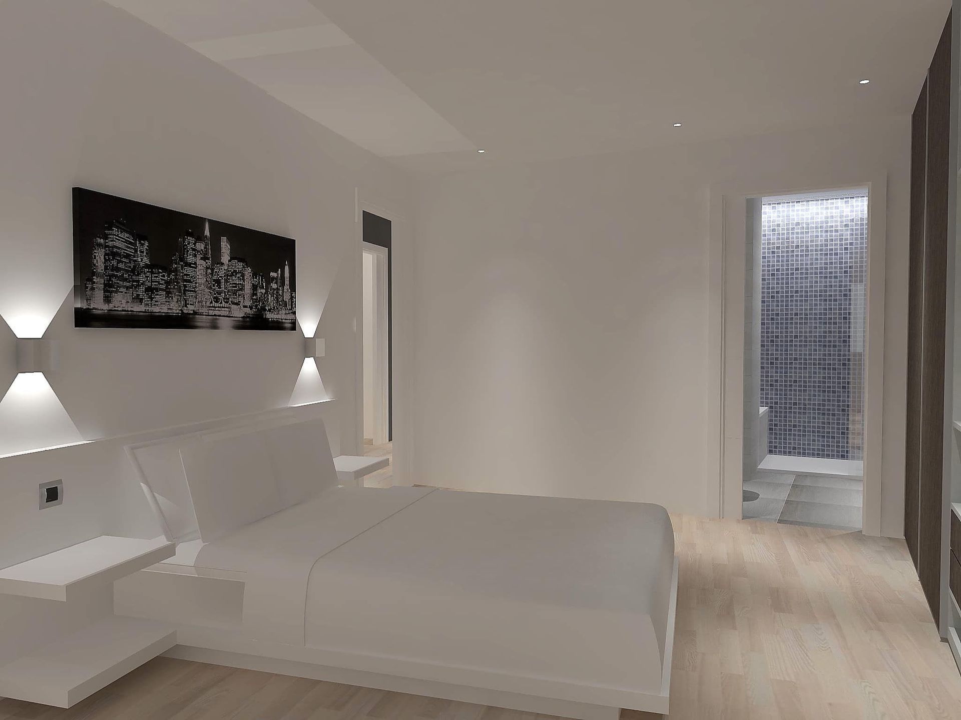 Un dormitorio con una cama y un cuadro en la pared.