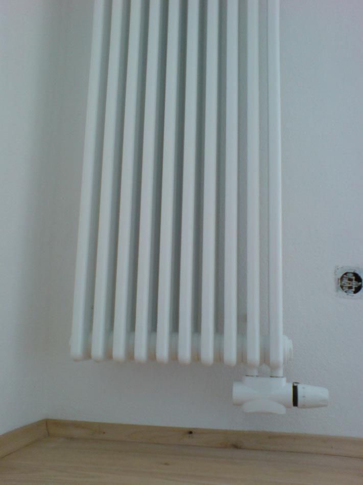 Ein weißer Heizkörper ist an einer weißen Wand montiert