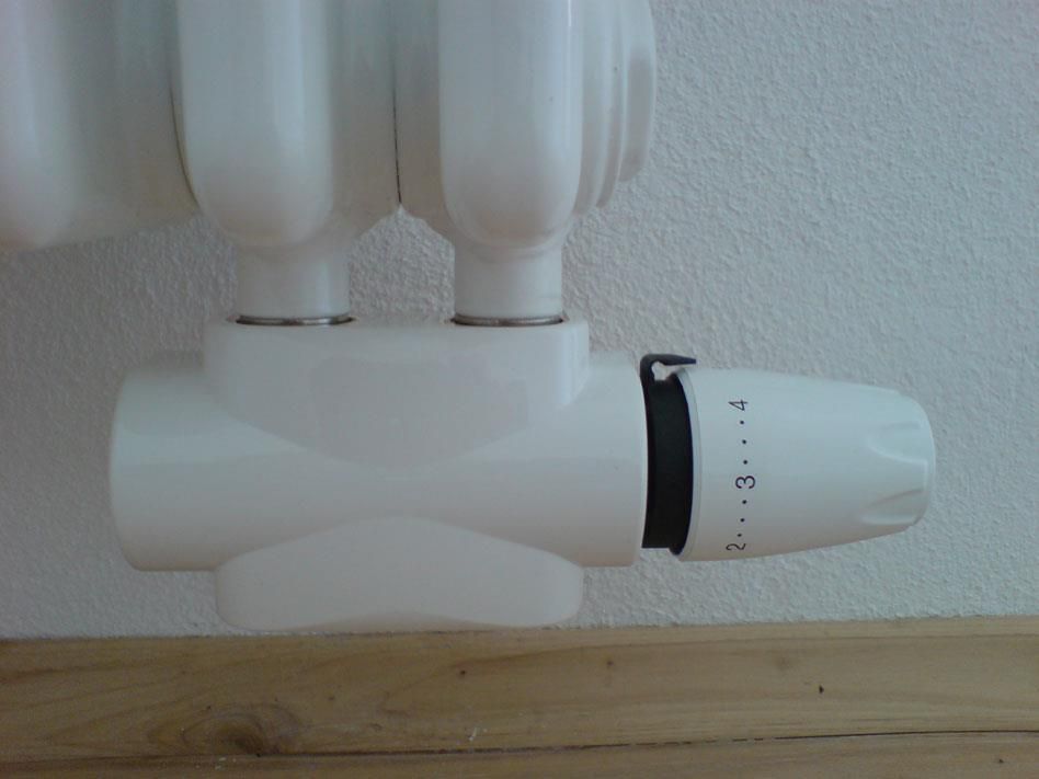 Ein weißer Thermostat steht auf einem Holzregal.