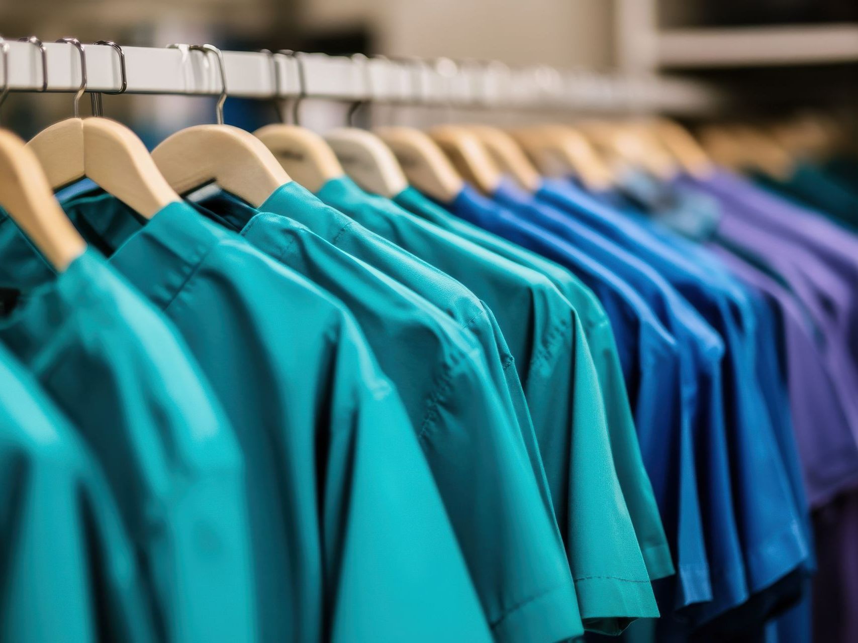 Tenues de travail accrochées sur les cintres.
