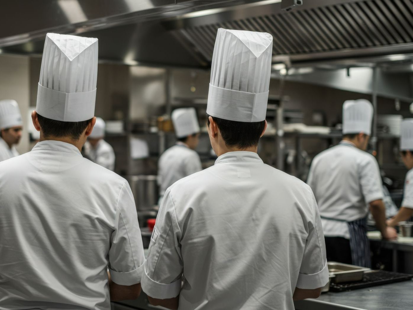 Une équipe de cuisiniers en arrière-plan et deux cuisiniers en premier plan.