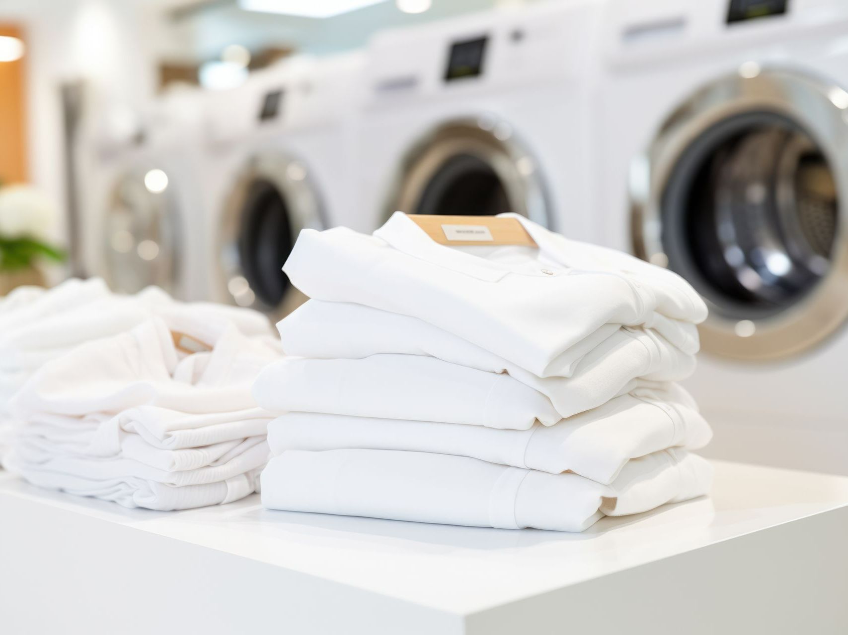 Une pile de vêtements avec les machines à laver en arrière-plan.