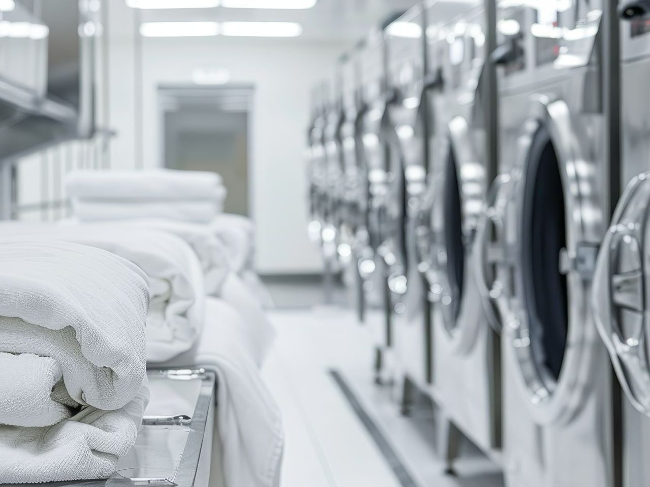 Des serviettes propres à côté des machines à laver.