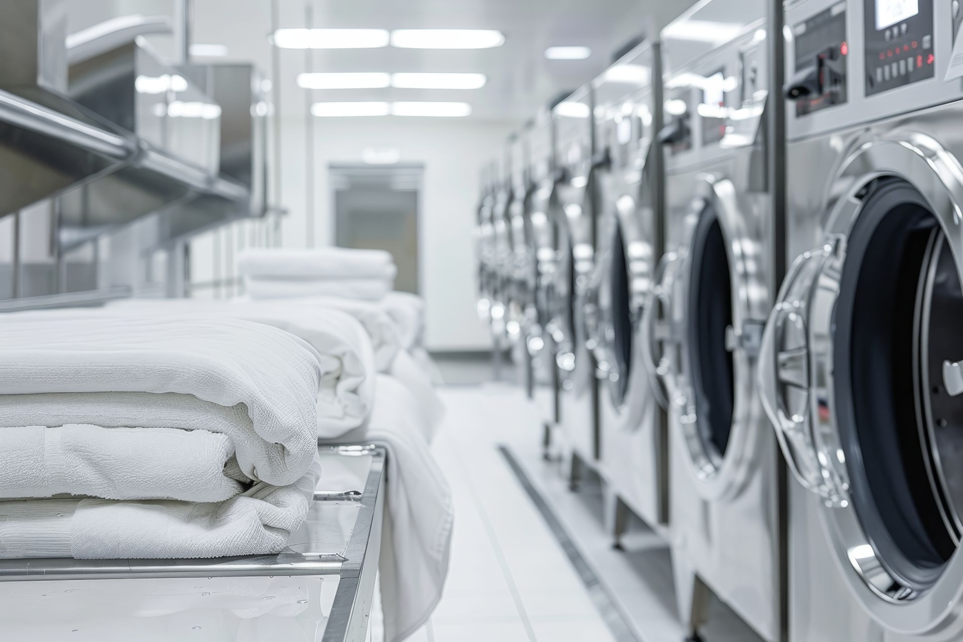 Un tas de draps propres avec des machines à laver en arrière-plan.