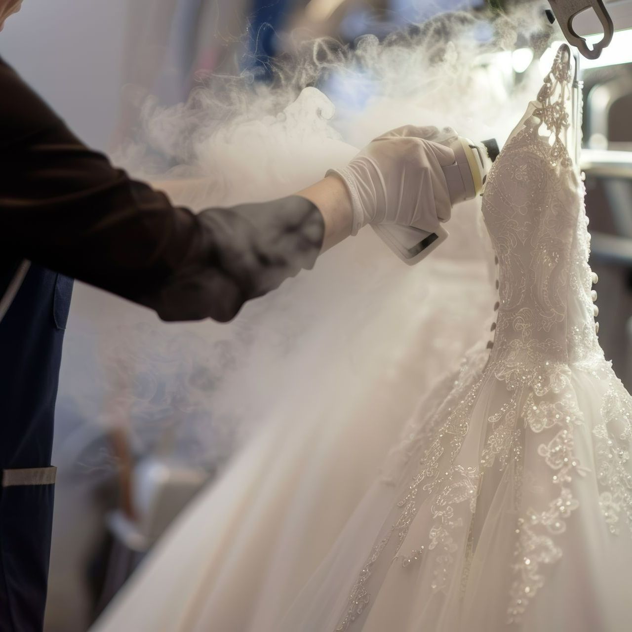 Une personne qui est en train de repasser la robe de mariée.