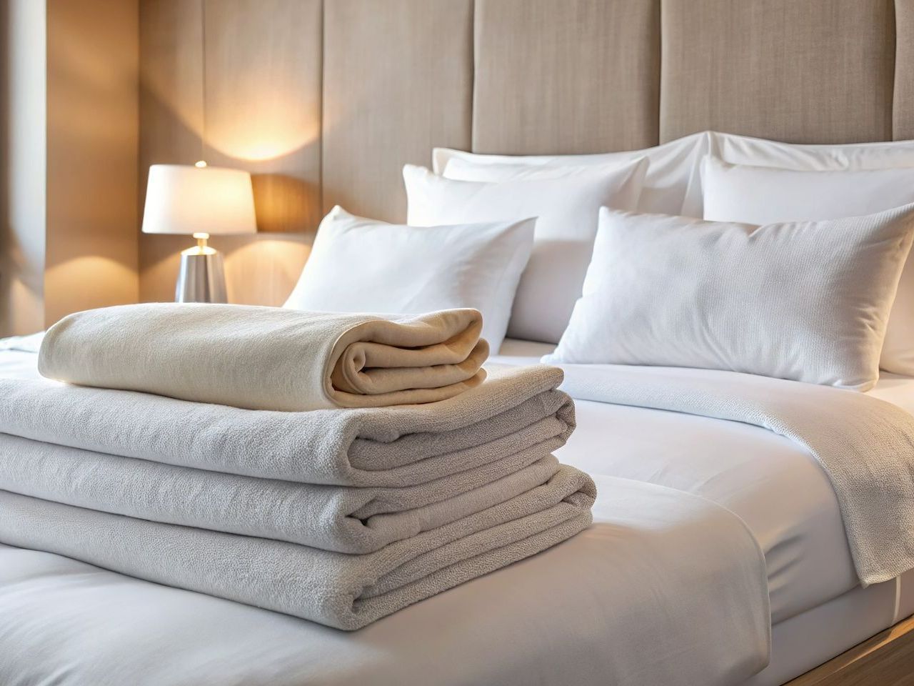 Serviettes de bain posées sur le lit dans une chambre d'hôtel.