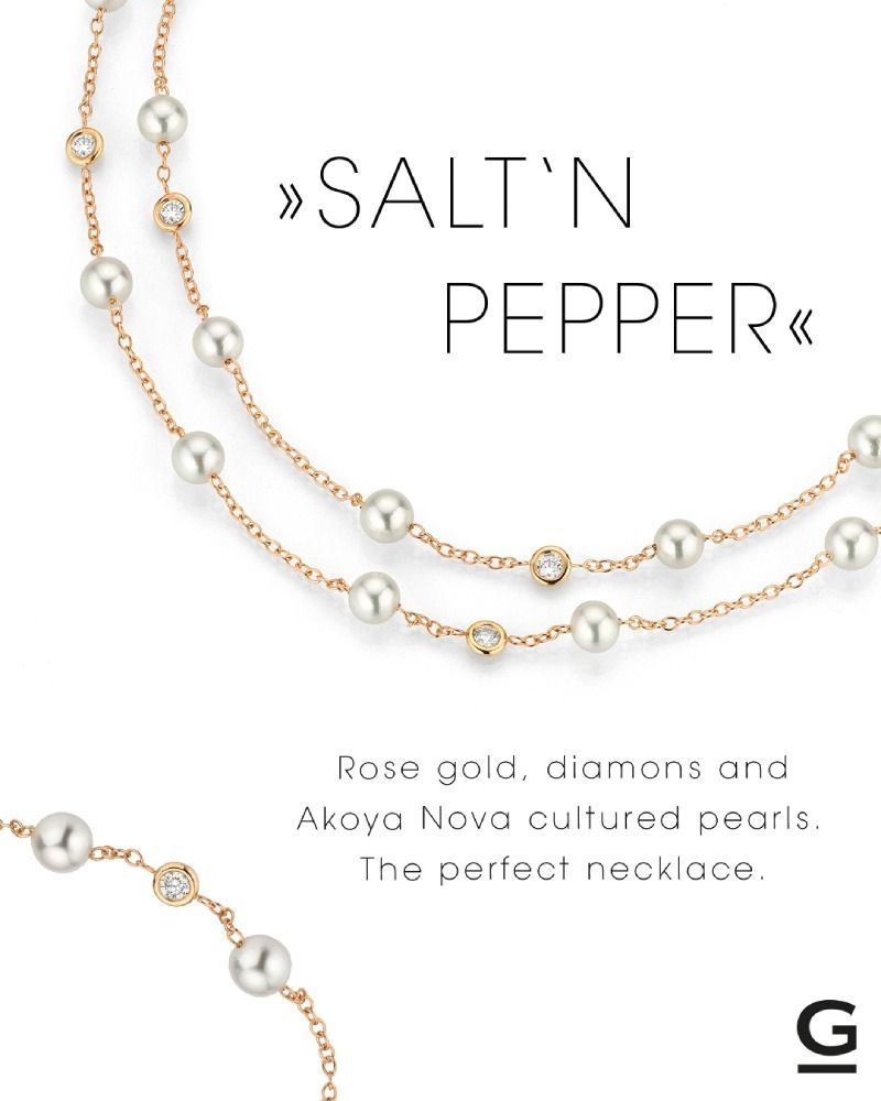 Halskette aus Roségold mit Perlen und Diamanten. Aufschrift: „Salt’n Pepper. Roségold, Diamanten und Akaya Nova Zuchtperlen.“